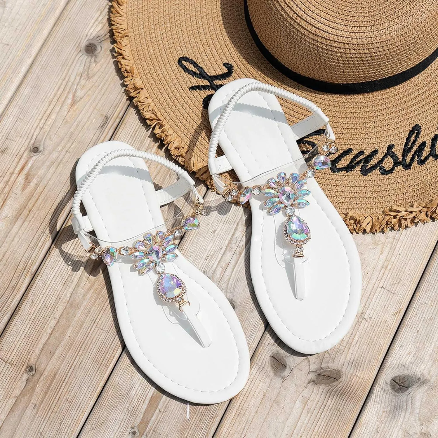 Sandals Womens Flip Flops Dress Beach Dressy Rhinestone T-Strap Thong Sandals for Summers with Ankle Strap