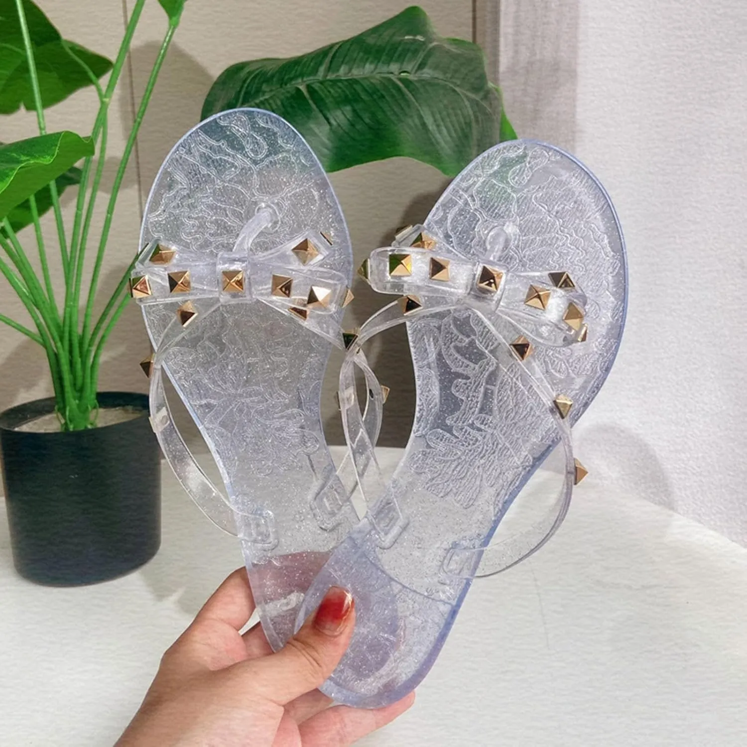 Sandals Womens Flip-Flops Flat Sandals Bow Jelly Slippers Summer Beach with Rivets Slides Slip On