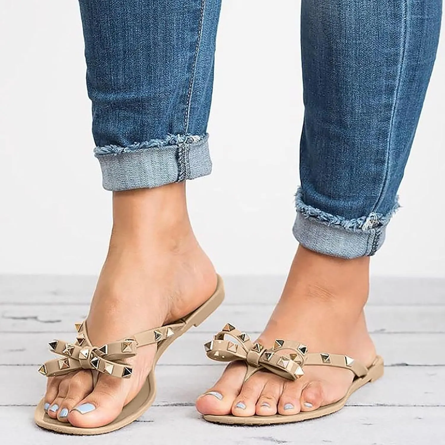Sandals Womens Flip-Flops Flat Sandals Bow Jelly Slippers Summer Beach with Rivets Slides Slip On