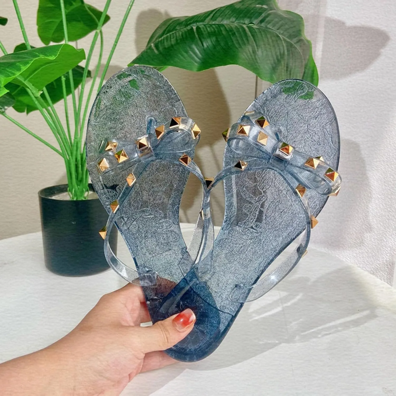 Sandals Womens Flip-Flops Flat Sandals Bow Jelly Slippers Summer Beach with Rivets Slides Slip On