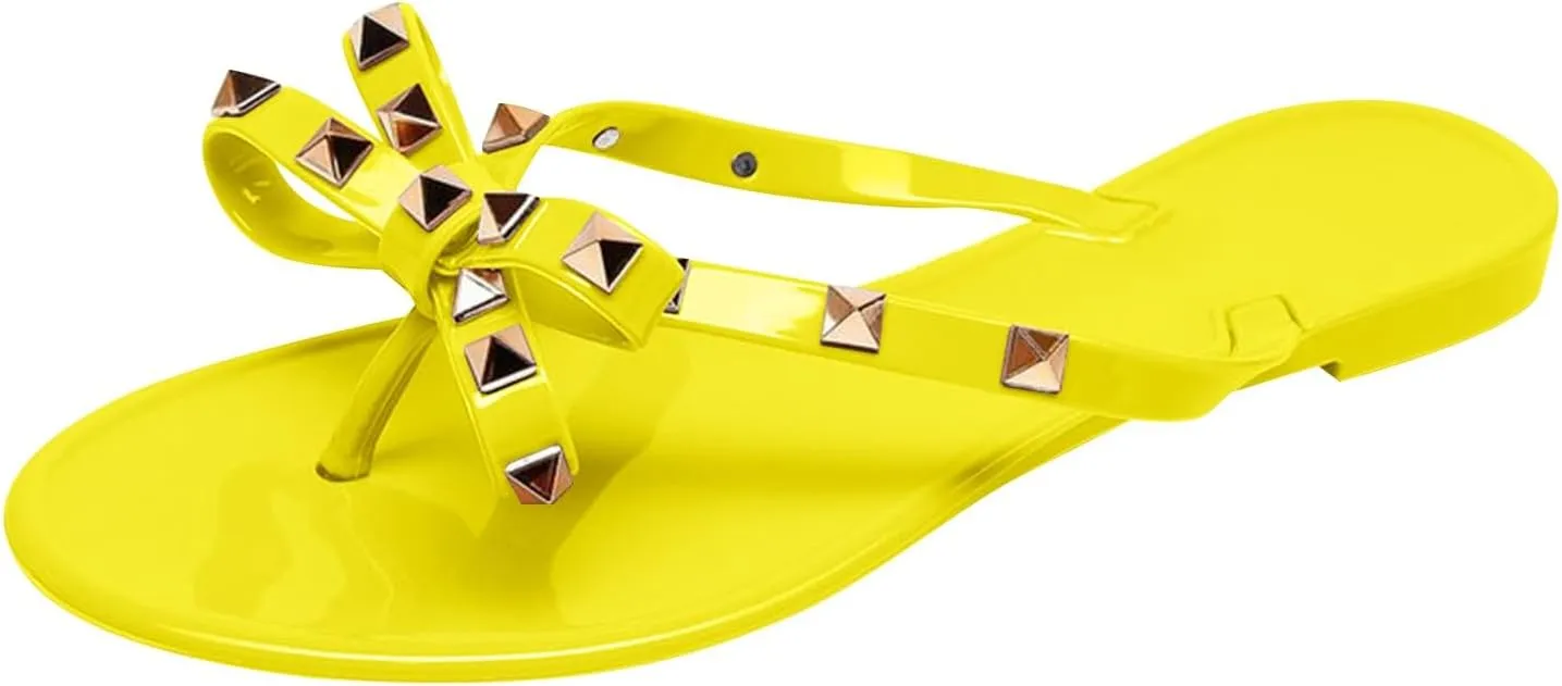 Sandals Womens Flip-Flops Flat Sandals Bow Jelly Slippers Summer Beach with Rivets Slides Slip On