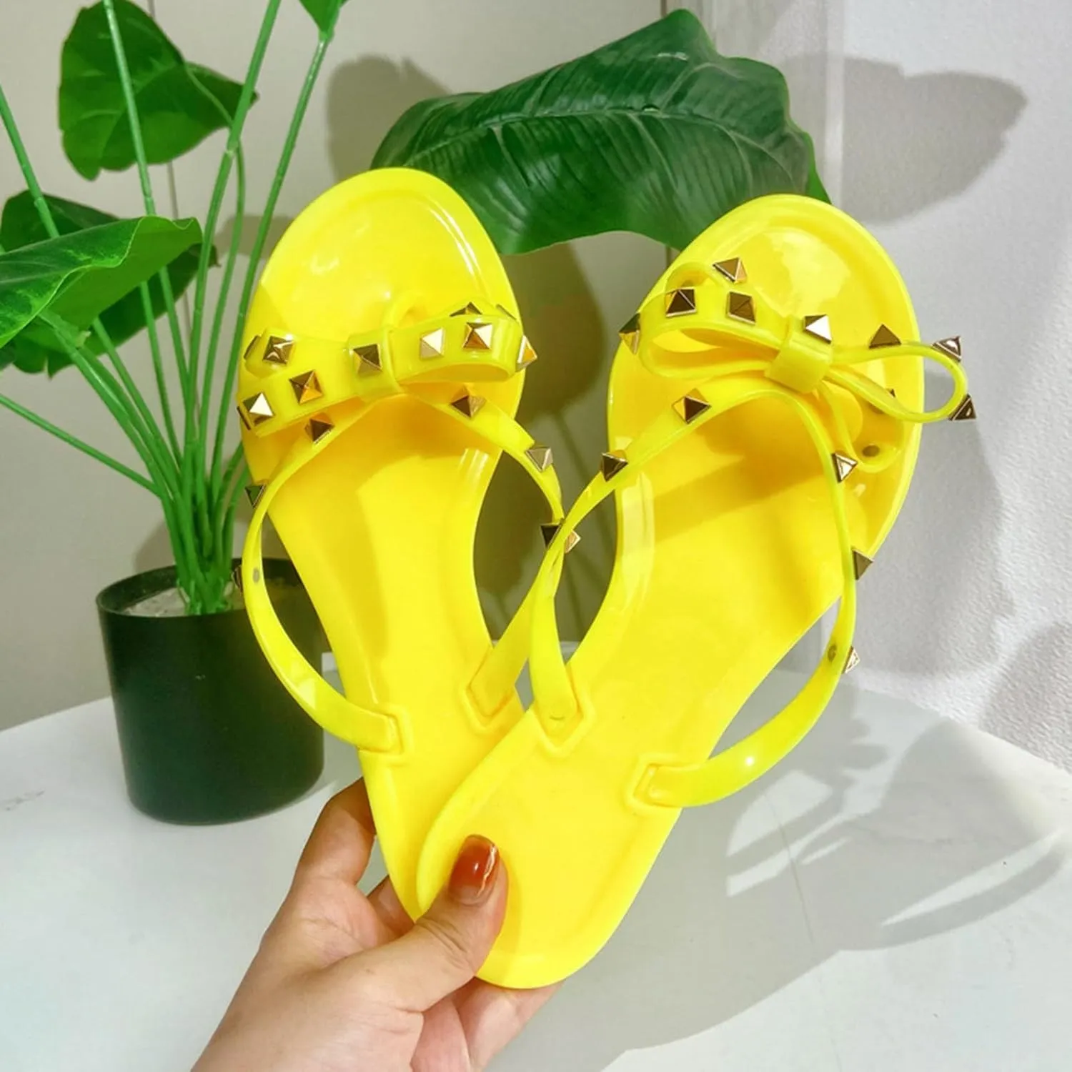 Sandals Womens Flip-Flops Flat Sandals Bow Jelly Slippers Summer Beach with Rivets Slides Slip On