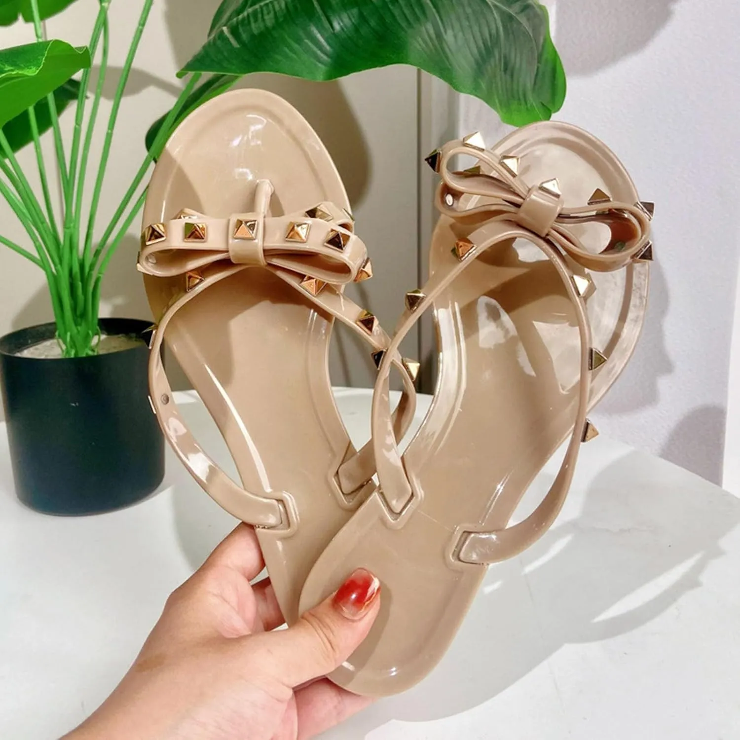 Sandals Womens Flip-Flops Flat Sandals Bow Jelly Slippers Summer Beach with Rivets Slides Slip On