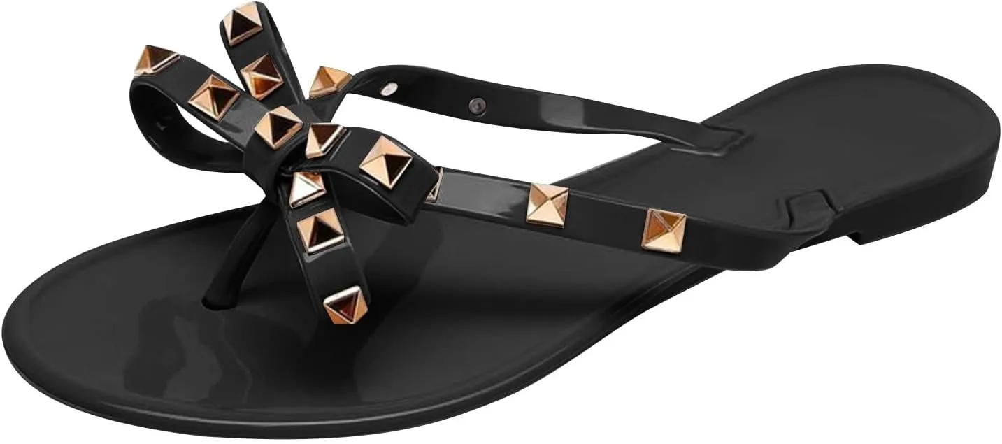Sandals Womens Flip-Flops Flat Sandals Bow Jelly Slippers Summer Beach with Rivets Slides Slip On