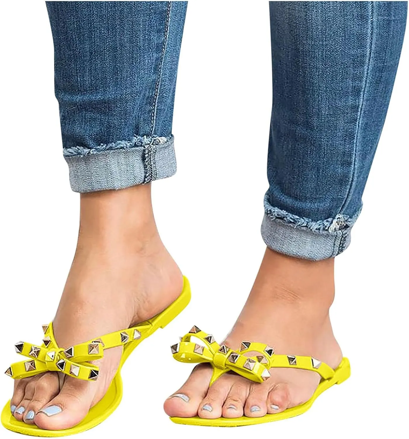 Sandals Womens Flip-Flops Flat Sandals Bow Jelly Slippers Summer Beach with Rivets Slides Slip On