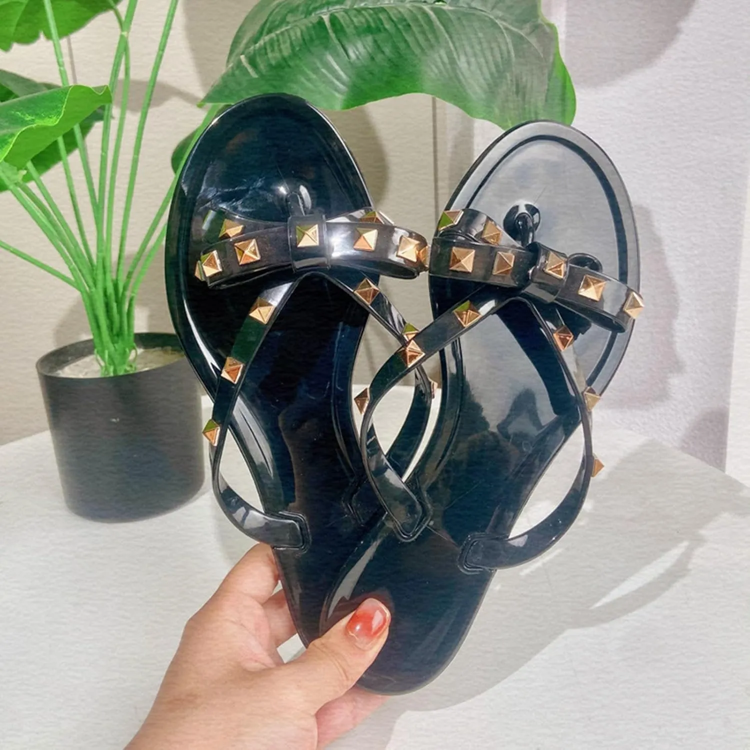 Sandals Womens Flip-Flops Flat Sandals Bow Jelly Slippers Summer Beach with Rivets Slides Slip On