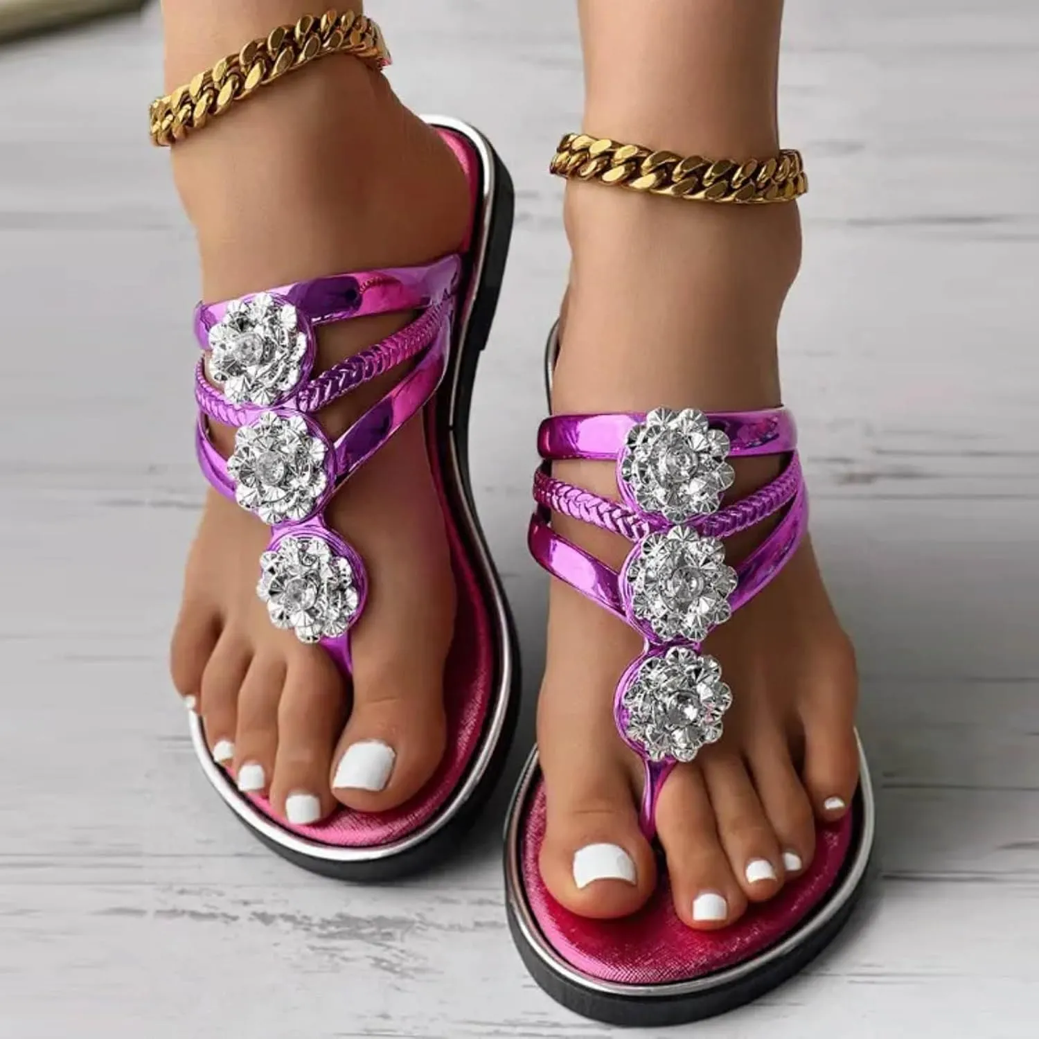 Sandals Womens Flip Flops for Women Dressy Rhinestone T-Strap Thong Sandals for Summers Dress Beach