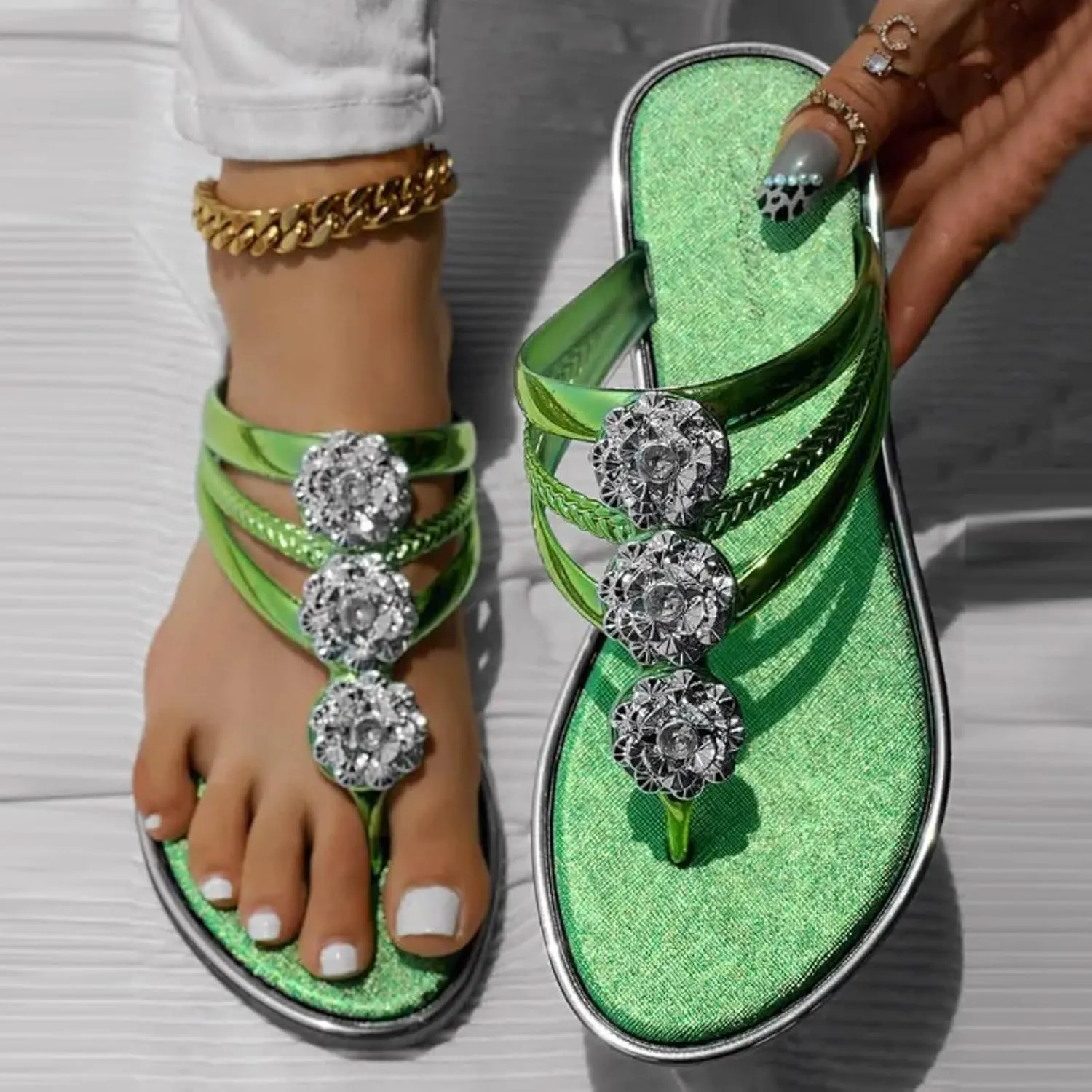 Sandals Womens Flip Flops for Women Dressy Rhinestone T-Strap Thong Sandals for Summers Dress Beach