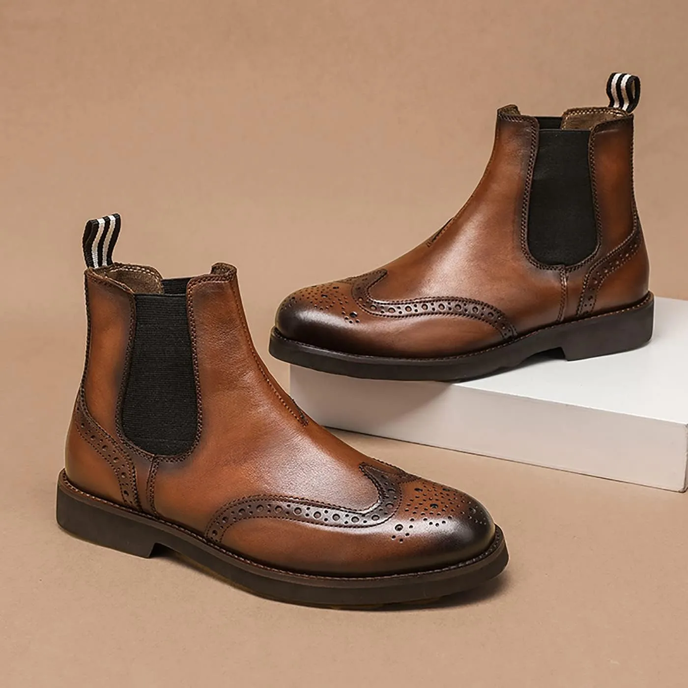 Santimon Brogues Wingtip Chelsea Boots Men Casual Dress Formal Leather Cowboy Boots Fashion Prom Business Wedding Western Ankle Boots for Mens Boys