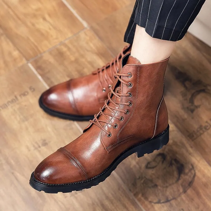 Santimon Leather Oxford Boots For Men Dress Lace-Up Combat Boots Cap Toe Classic Fashion Motorcycle Boots for Men