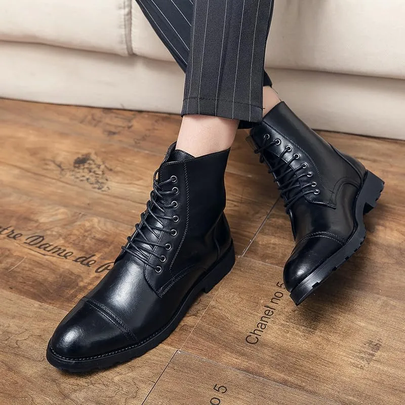 Santimon Leather Oxford Boots For Men Dress Lace-Up Combat Boots Cap Toe Classic Fashion Motorcycle Boots for Men