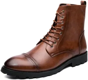 Santimon Leather Oxford Boots For Men Dress Lace-Up Combat Boots Cap Toe Classic Fashion Motorcycle Boots for Men