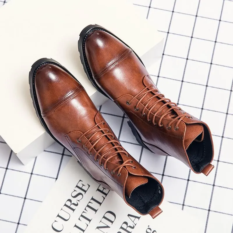 Santimon Leather Oxford Boots For Men Dress Lace-Up Combat Boots Cap Toe Classic Fashion Motorcycle Boots for Men