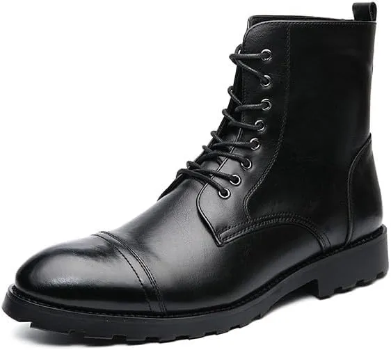 Santimon Leather Oxford Boots For Men Dress Lace-Up Combat Boots Cap Toe Classic Fashion Motorcycle Boots for Men