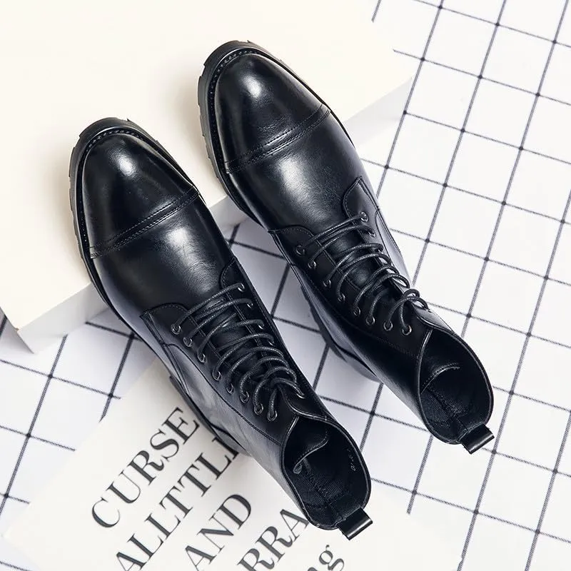 Santimon Leather Oxford Boots For Men Dress Lace-Up Combat Boots Cap Toe Classic Fashion Motorcycle Boots for Men
