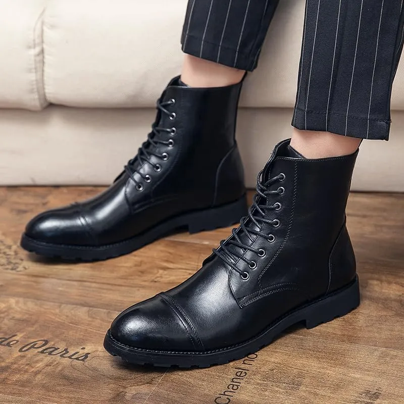 Santimon Leather Oxford Boots For Men Dress Lace-Up Combat Boots Cap Toe Classic Fashion Motorcycle Boots for Men