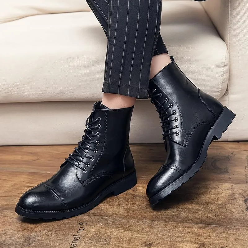 Santimon Leather Oxford Boots For Men Dress Lace-Up Combat Boots Cap Toe Classic Fashion Motorcycle Boots for Men