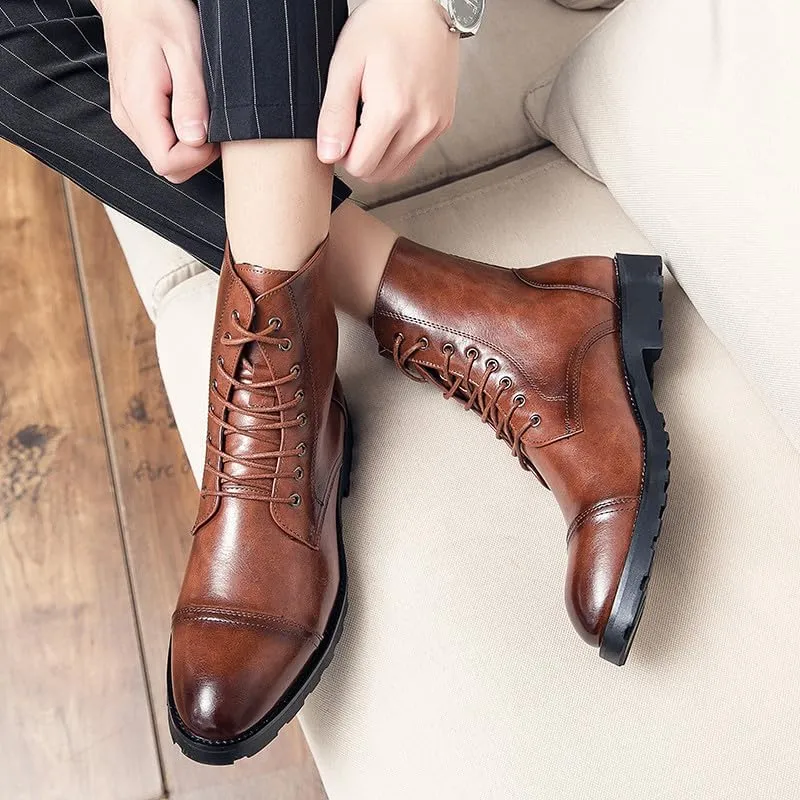 Santimon Leather Oxford Boots For Men Dress Lace-Up Combat Boots Cap Toe Classic Fashion Motorcycle Boots for Men