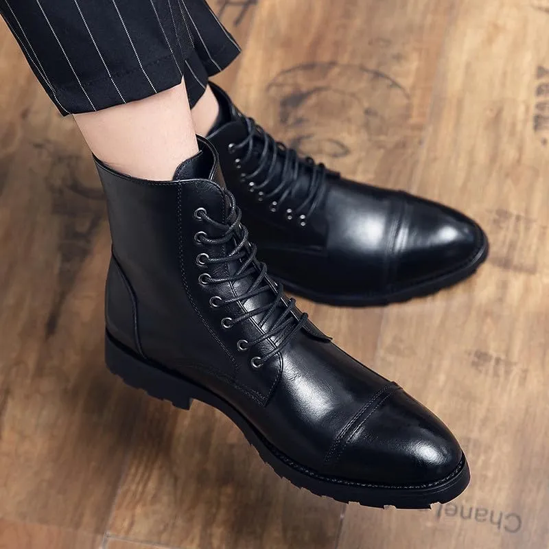 Santimon Leather Oxford Boots For Men Dress Lace-Up Combat Boots Cap Toe Classic Fashion Motorcycle Boots for Men