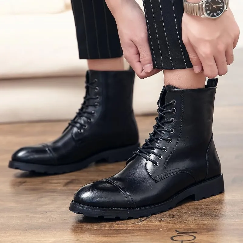 Santimon Leather Oxford Boots For Men Dress Lace-Up Combat Boots Cap Toe Classic Fashion Motorcycle Boots for Men