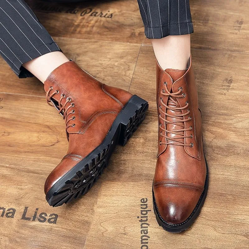 Santimon Leather Oxford Boots For Men Dress Lace-Up Combat Boots Cap Toe Classic Fashion Motorcycle Boots for Men