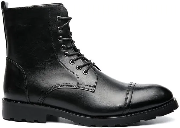 Santimon Leather Oxford Boots For Men Dress Lace-Up Combat Boots Cap Toe Classic Fashion Motorcycle Boots for Men