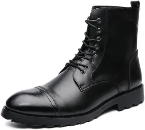 Santimon Leather Oxford Boots For Men Dress Lace-Up Combat Boots Cap Toe Classic Fashion Motorcycle Boots for Men