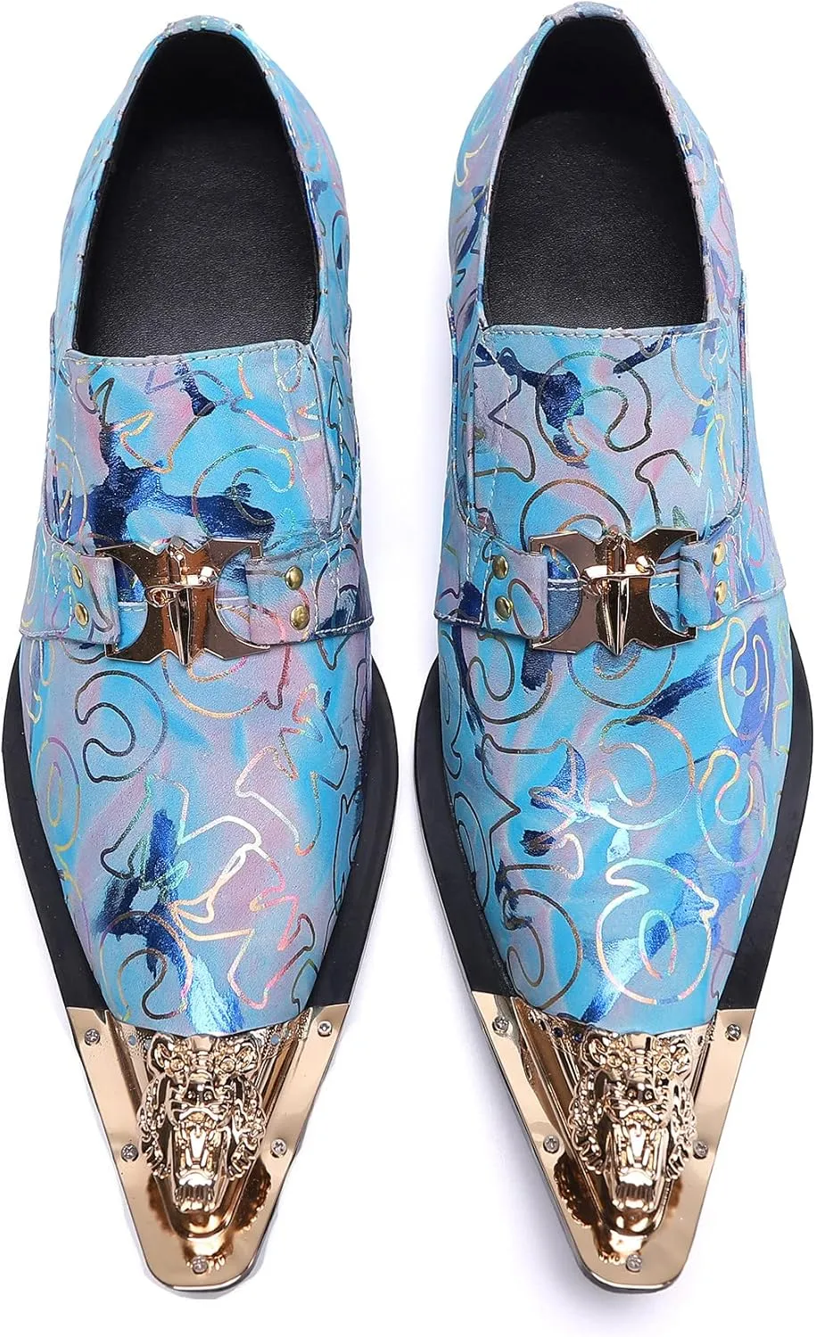 Santimon Mens Loafers Fashion Suits Gold Hardware Party Sleek Slip On Dress Metal Cap Toe Wedding Graphic Print Leather Shoes