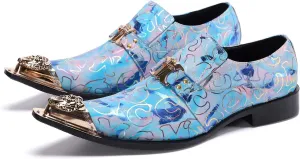 Santimon Mens Loafers Fashion Suits Gold Hardware Party Sleek Slip On Dress Metal Cap Toe Wedding Graphic Print Leather Shoes