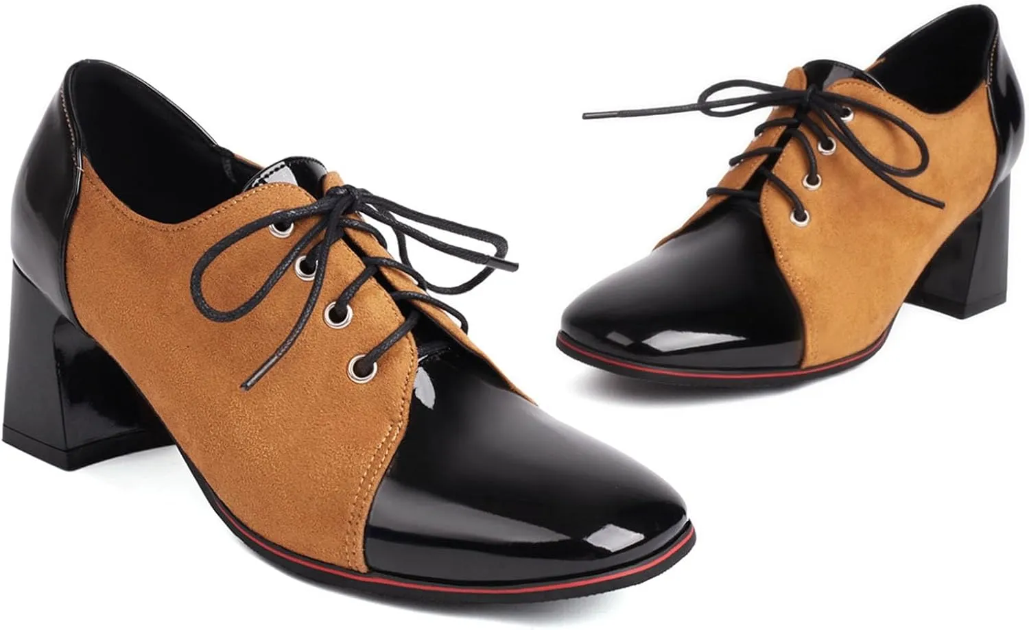 SHEMEE Women's Chunky Block Heels Oxfords Pumps Two Tone Retro Brogues Square Toe Patchwork Lace Up Saddles Shoes
