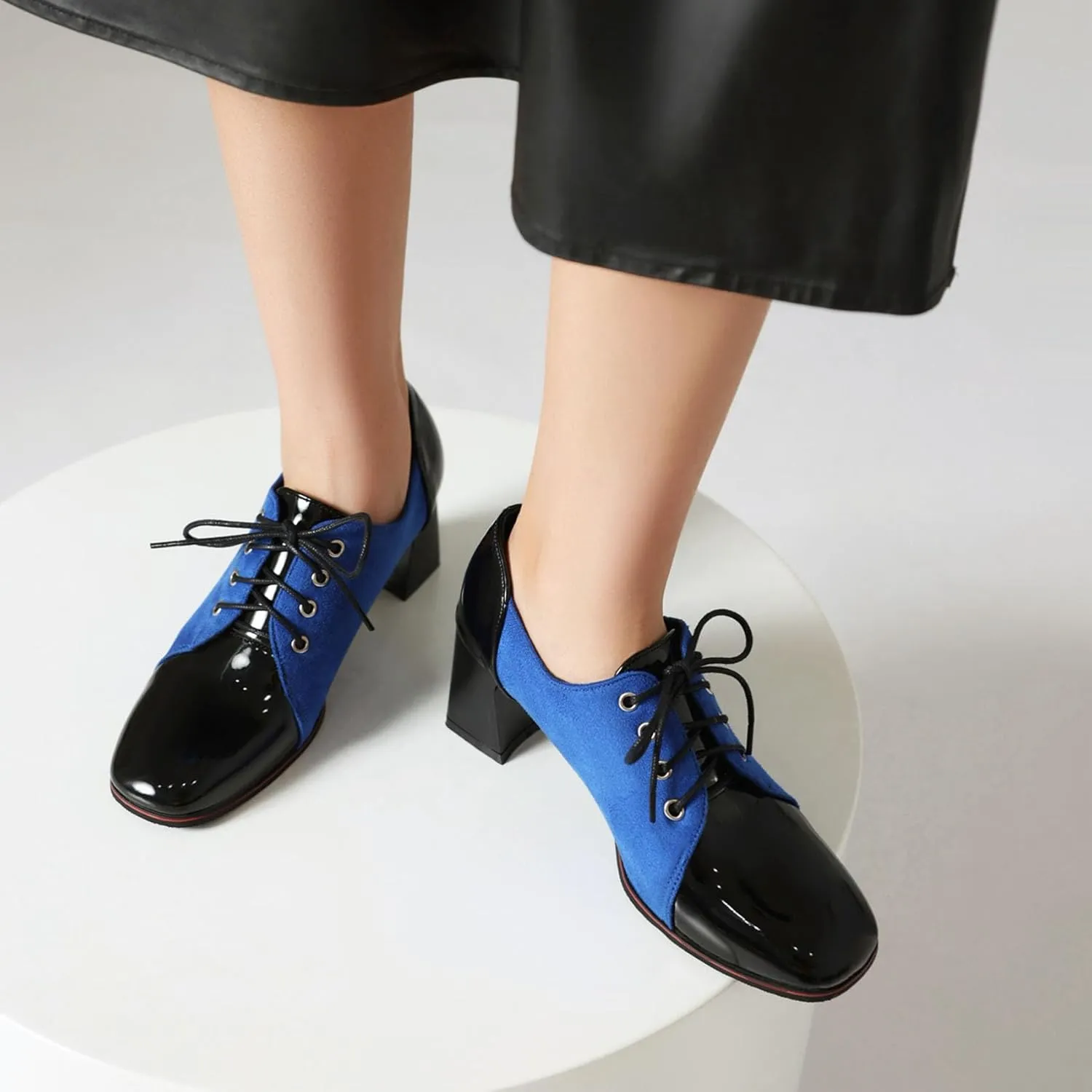 SHEMEE Women's Chunky Block Heels Oxfords Pumps Two Tone Retro Brogues Square Toe Patchwork Lace Up Saddles Shoes