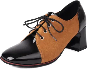 SHEMEE Women's Chunky Block Heels Oxfords Pumps Two Tone Retro Brogues Square Toe Patchwork Lace Up Saddles Shoes
