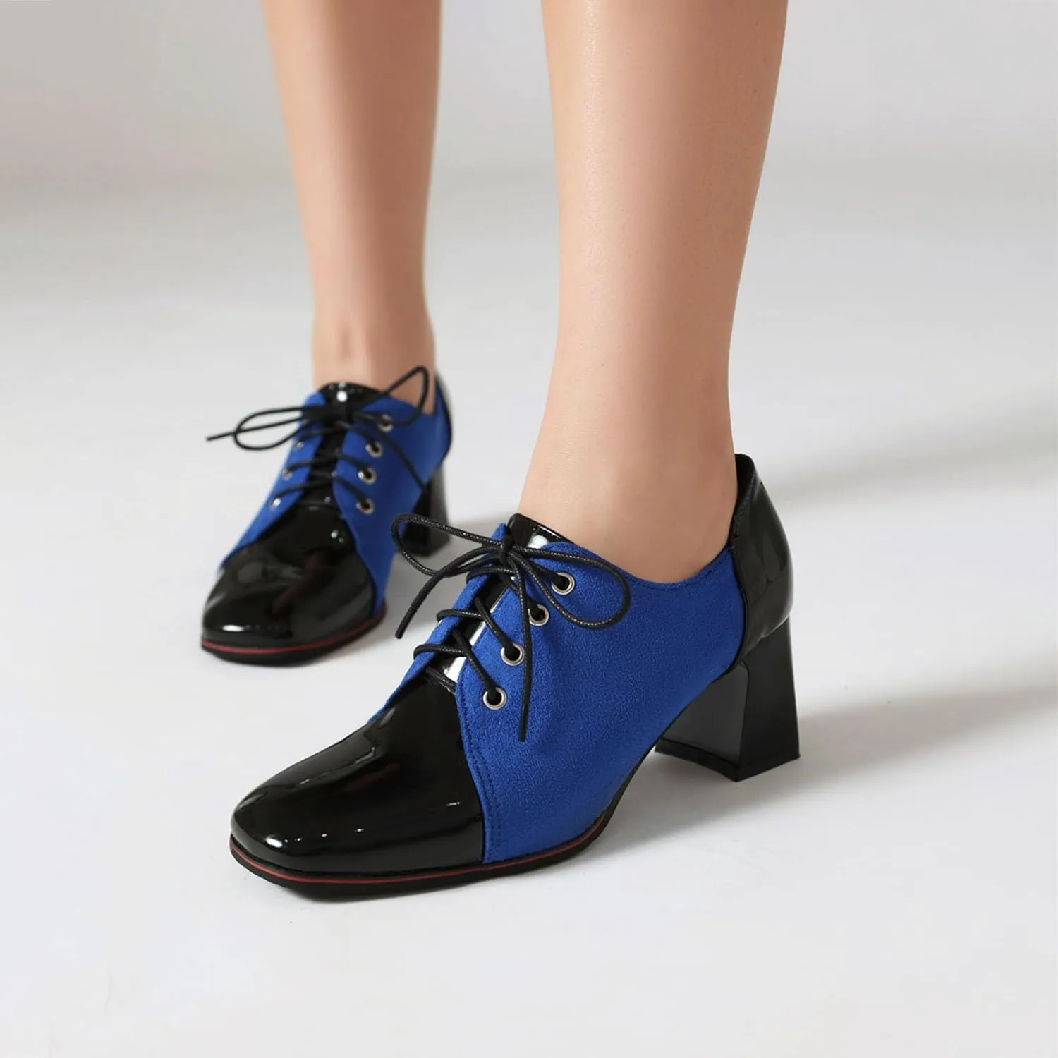 SHEMEE Women's Chunky Block Heels Oxfords Pumps Two Tone Retro Brogues Square Toe Patchwork Lace Up Saddles Shoes
