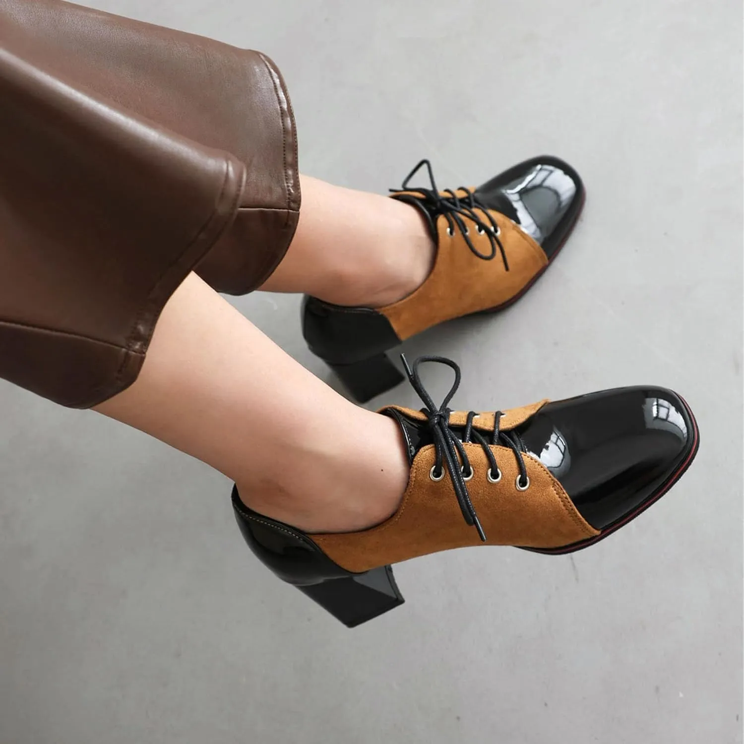 SHEMEE Women's Chunky Block Heels Oxfords Pumps Two Tone Retro Brogues Square Toe Patchwork Lace Up Saddles Shoes