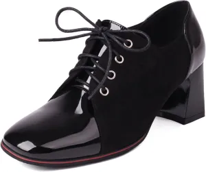 SHEMEE Women's Chunky Block Heels Oxfords Pumps Two Tone Retro Brogues Square Toe Patchwork Lace Up Saddles Shoes