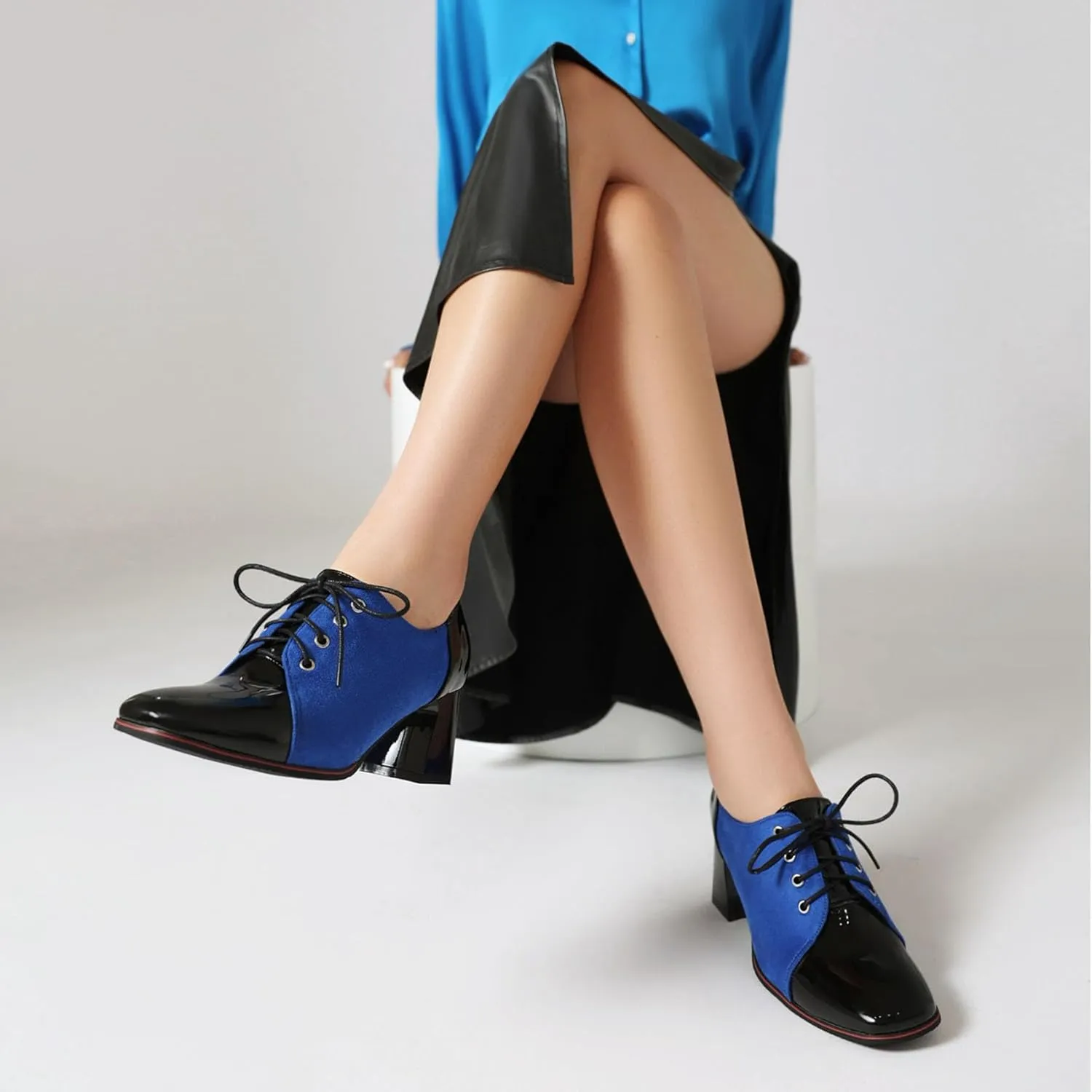 SHEMEE Women's Chunky Block Heels Oxfords Pumps Two Tone Retro Brogues Square Toe Patchwork Lace Up Saddles Shoes