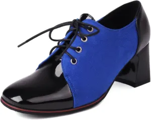SHEMEE Women's Chunky Block Heels Oxfords Pumps Two Tone Retro Brogues Square Toe Patchwork Lace Up Saddles Shoes