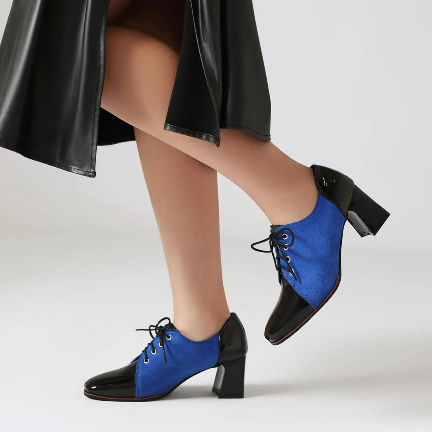 SHEMEE Women's Chunky Block Heels Oxfords Pumps Two Tone Retro Brogues Square Toe Patchwork Lace Up Saddles Shoes
