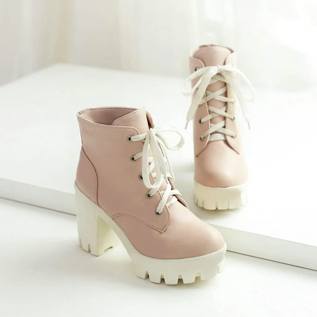 Shinelly Women Platform Chunky Boots Block Heel Lace Up Booties Lace Up