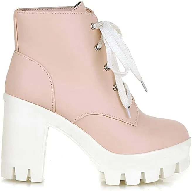 Shinelly Women Platform Chunky Boots Block Heel Lace Up Booties Lace Up