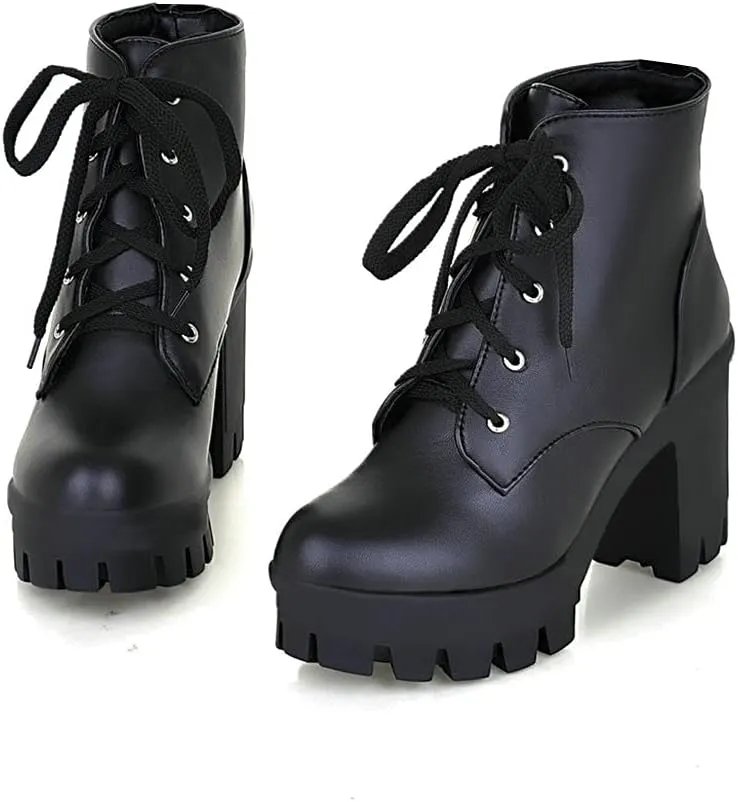Shinelly Women Platform Chunky Boots Block Heel Lace Up Booties Lace Up
