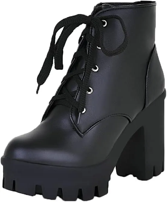 Shinelly Women Platform Chunky Boots Block Heel Lace Up Booties Lace Up