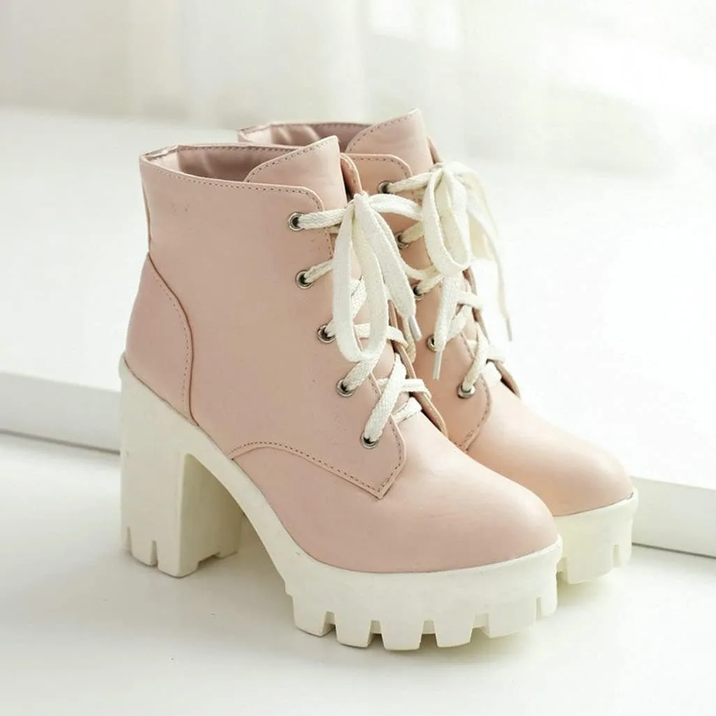 Shinelly Women Platform Chunky Boots Block Heel Lace Up Booties Lace Up