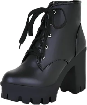 Shinelly Women Platform Chunky Boots Block Heel Lace Up Booties Lace Up