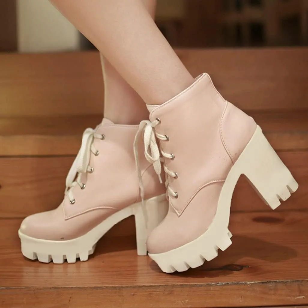 Shinelly Women Platform Chunky Boots Block Heel Lace Up Booties Lace Up