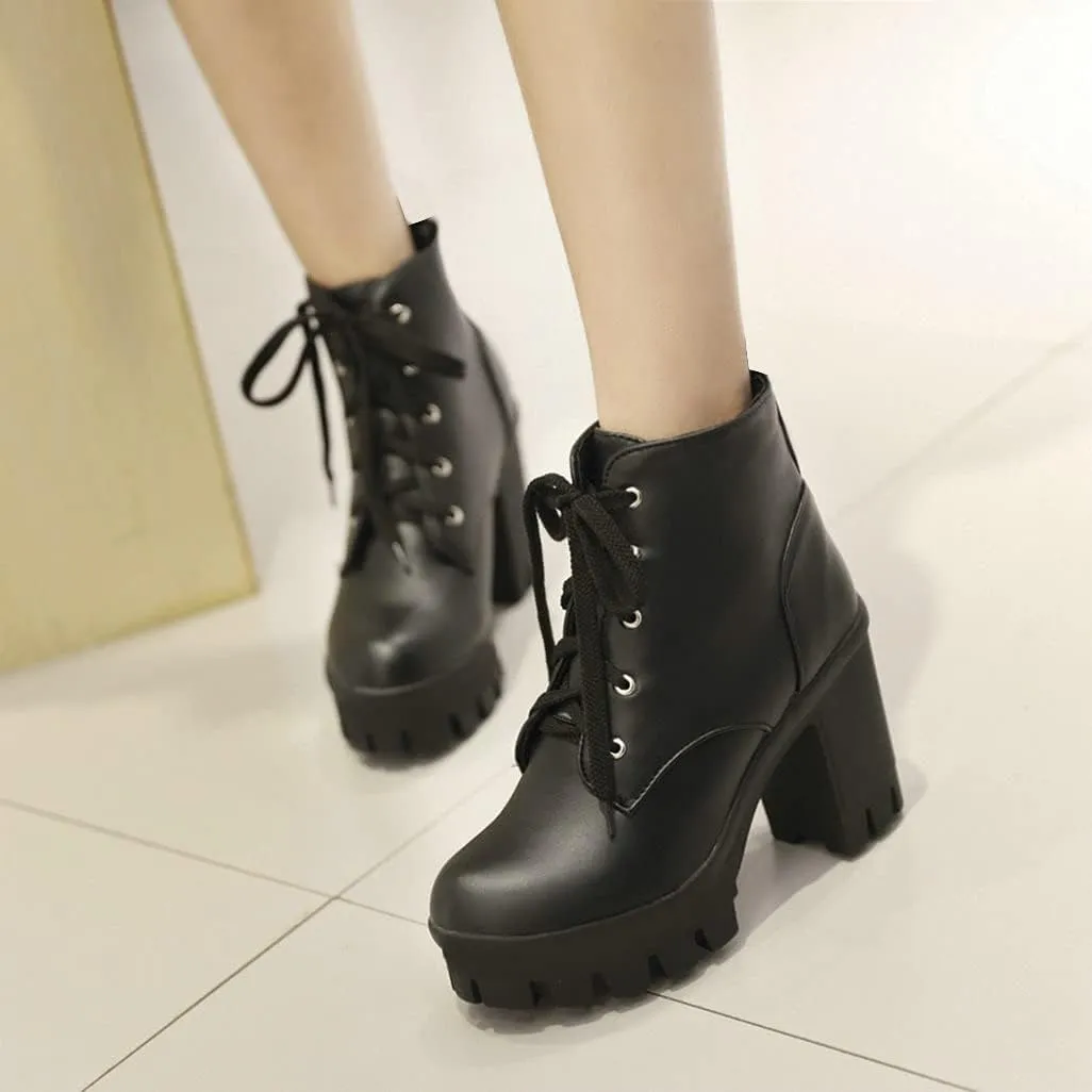 Shinelly Women Platform Chunky Boots Block Heel Lace Up Booties Lace Up