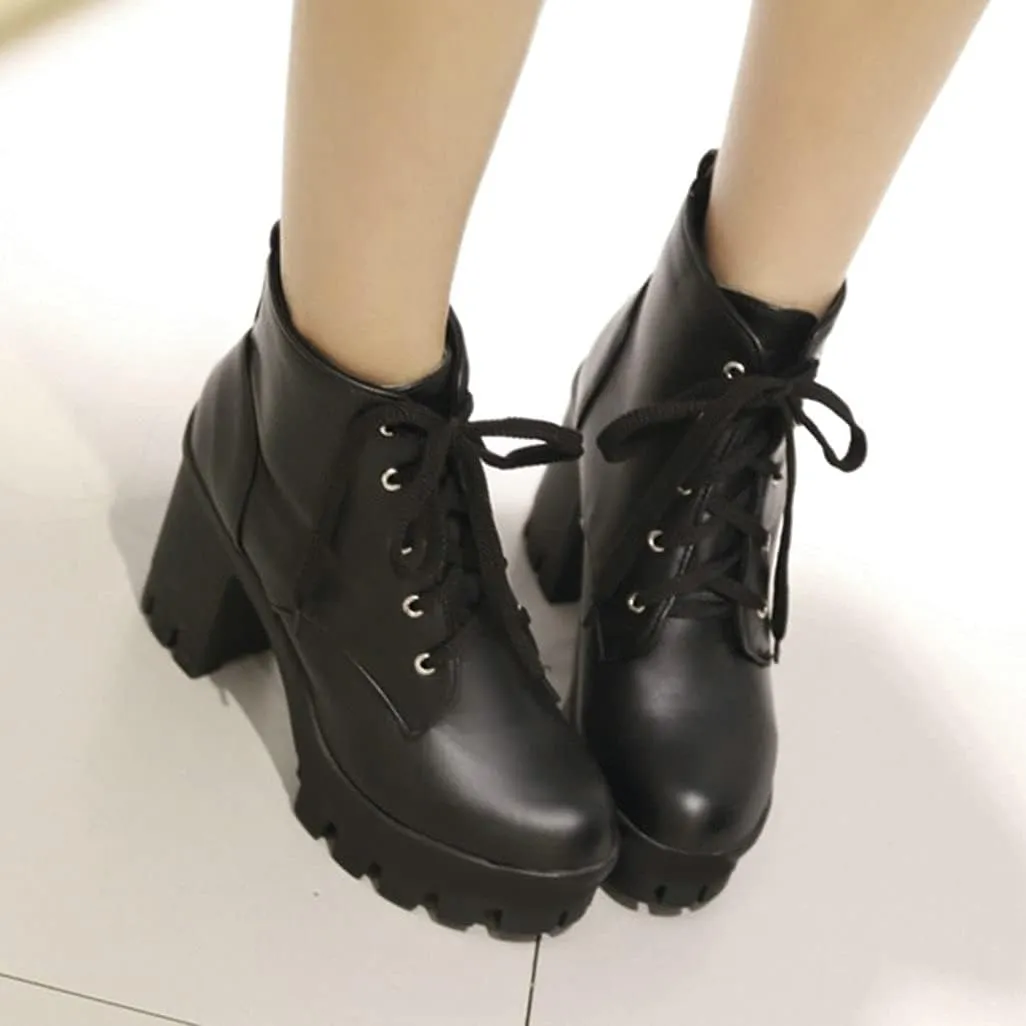 Shinelly Women Platform Chunky Boots Block Heel Lace Up Booties Lace Up