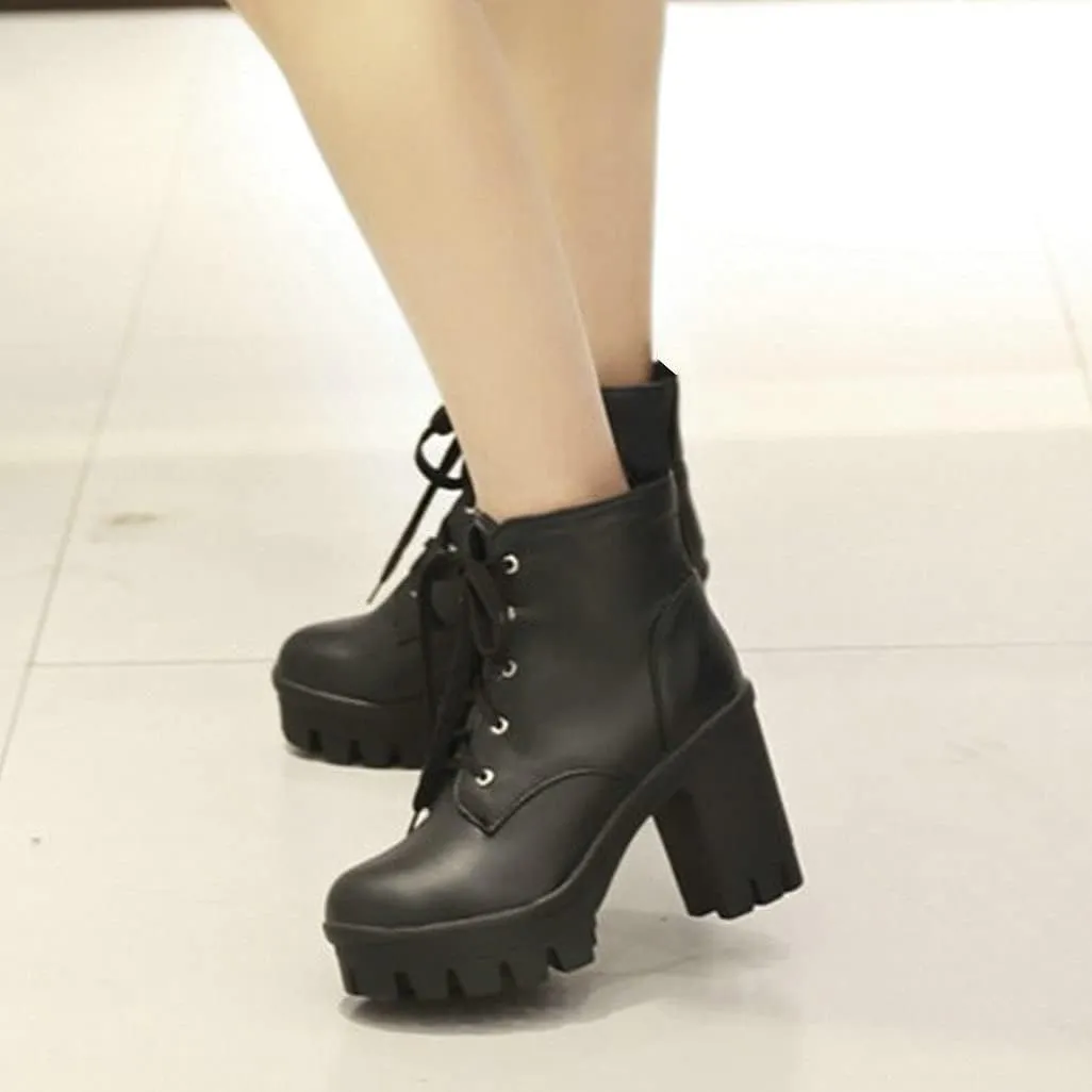 Shinelly Women Platform Chunky Boots Block Heel Lace Up Booties Lace Up