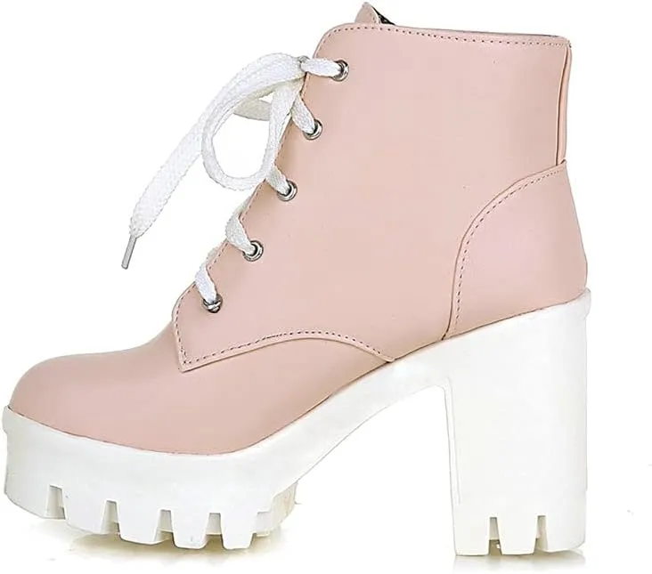 Shinelly Women Platform Chunky Boots Block Heel Lace Up Booties Lace Up