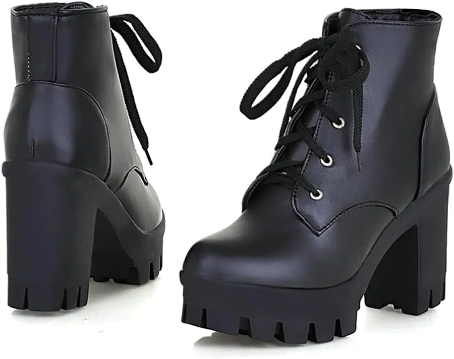 Shinelly Women Platform Chunky Boots Block Heel Lace Up Booties Lace Up
